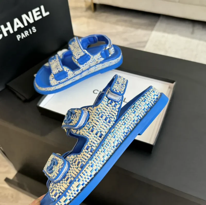 Chanel Women Sandals Braided Fabric Navy 1 cm Heel