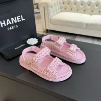 Chanel Women Sandals Braided Fabric Pink 1 cm Heel (1)