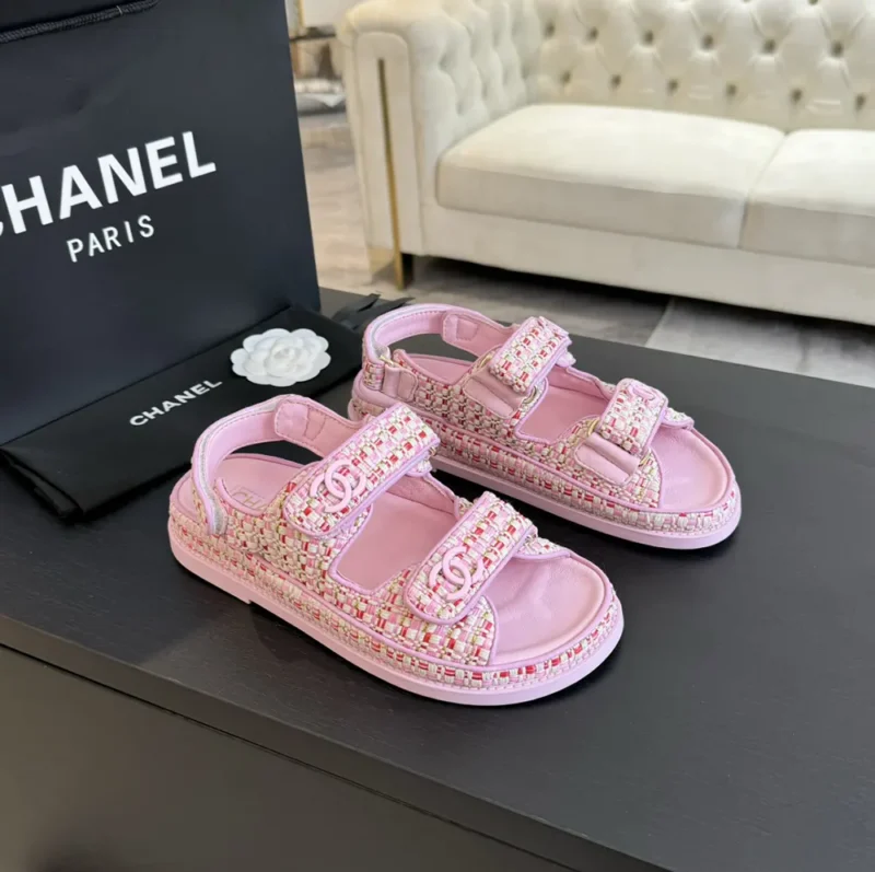 Chanel Women Sandals Braided Fabric Pink 1 cm Heel