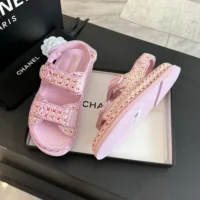 Chanel Women Sandals Braided Fabric Pink 1 cm Heel (1)