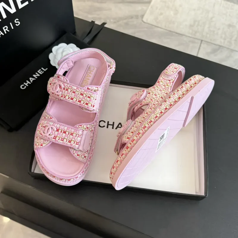 Chanel Women Sandals Braided Fabric Pink 1 cm Heel