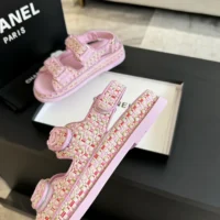 Chanel Women Sandals Braided Fabric Pink 1 cm Heel (1)