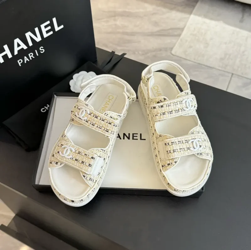 Chanel Women Sandals Braided Fabric White 1 cm Heel