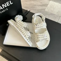 Chanel Women Sandals Braided Fabric White 1 cm Heel (1)