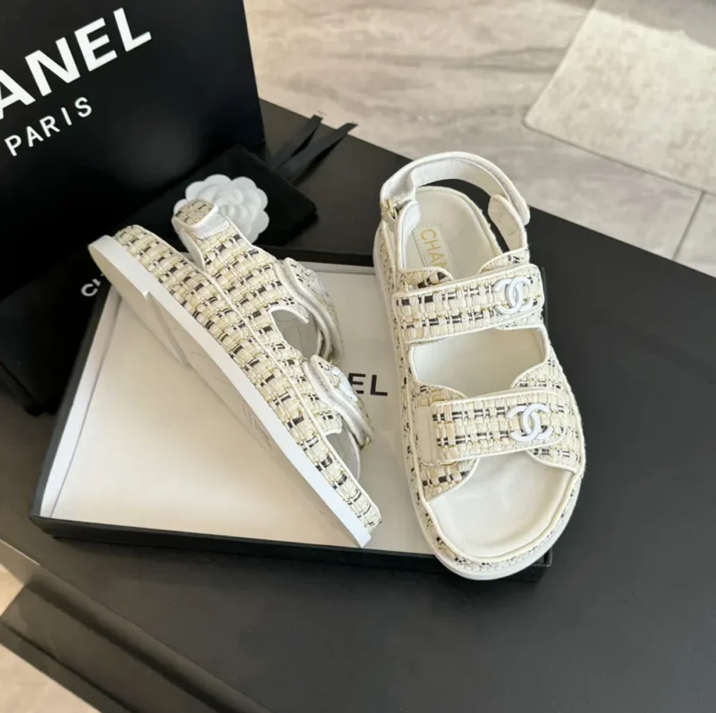 Chanel Women Sandals Braided Fabric White 1 cm Heel