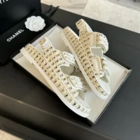 Chanel Women Sandals Braided Fabric White 1 cm Heel (1)