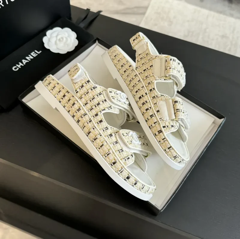 Chanel Women Sandals Braided Fabric White 1 cm Heel