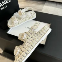 Chanel Women Sandals Braided Fabric White 1 cm Heel (1)