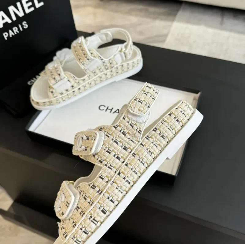 Chanel Women Sandals Braided Fabric White 1 cm Heel