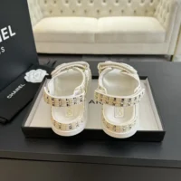 Chanel Women Sandals Braided Fabric White 1 cm Heel (1)