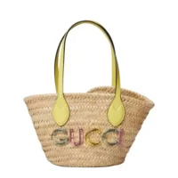 Gucci Unisex Mini Straw Tote with Gucci Logo-Yellow (1)