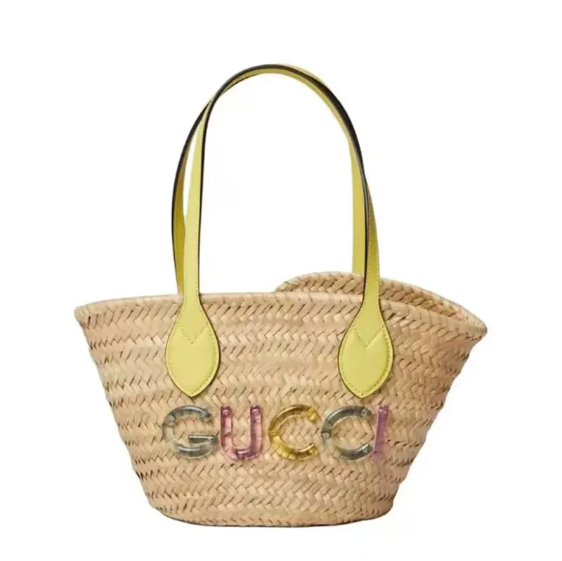 Gucci Unisex Mini Straw Tote with Gucci Logo-Yellow