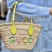 Gucci Unisex Mini Straw Tote with Gucci Logo-Yellow (1)