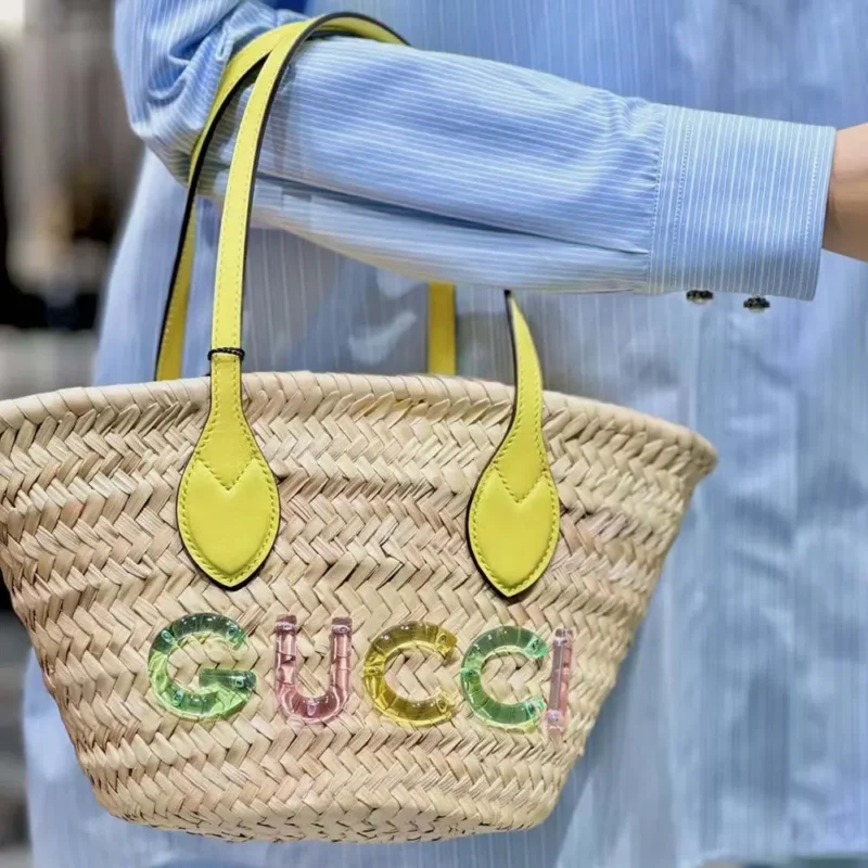 Gucci Unisex Mini Straw Tote with Gucci Logo-Yellow