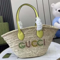 Gucci Unisex Mini Straw Tote with Gucci Logo-Yellow (1)