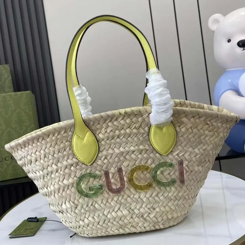 Gucci Unisex Mini Straw Tote with Gucci Logo-Yellow