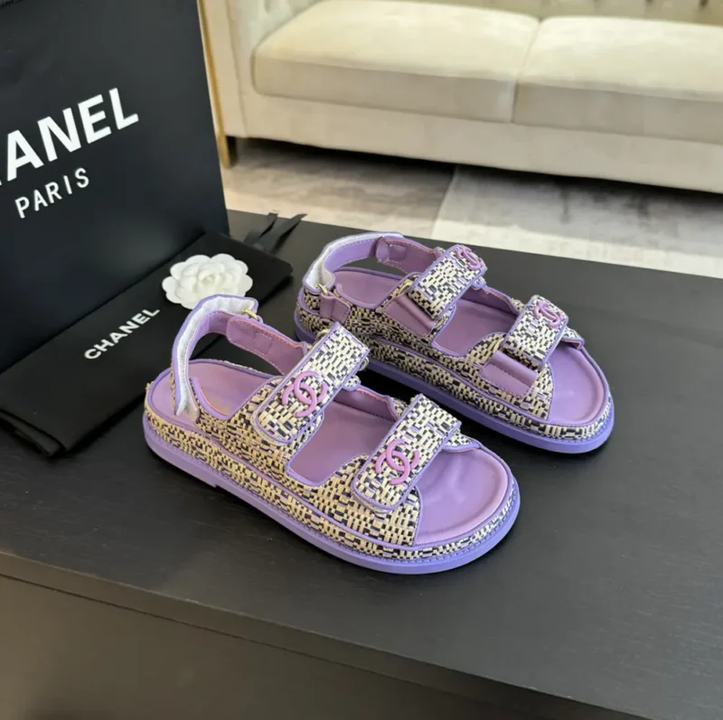 Chanel Women Sandals Braided Fabric Purple 1 cm Heel