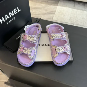 Chanel Women Sandals Braided Fabric Purple 1 cm Heel