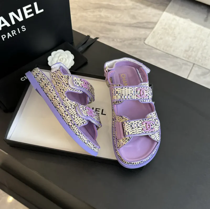 Chanel Women Sandals Braided Fabric Purple 1 cm Heel