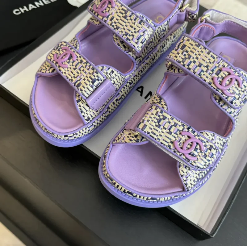 Chanel Women Sandals Braided Fabric Purple 1 cm Heel