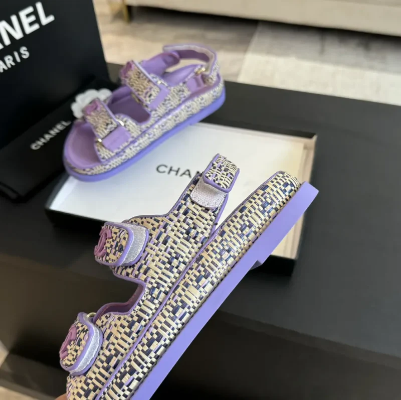 Chanel Women Sandals Braided Fabric Purple 1 cm Heel