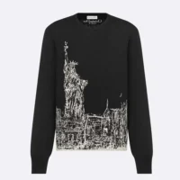 Dior Men Embroidered Sweater Black and White Cashmere and Silk Knit with New York Motif