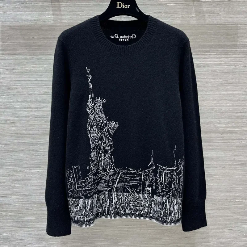 Dior Men Embroidered Sweater Black and White Cashmere and Silk Knit with New York Motif