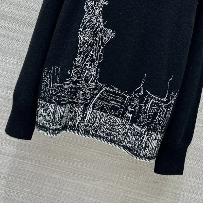 Dior Men Embroidered Sweater Black and White Cashmere and Silk Knit with New York Motif