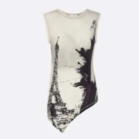 Dior Women Asymmetric Tank Top Black and White Cotton Jersey with Paris Motif (1)