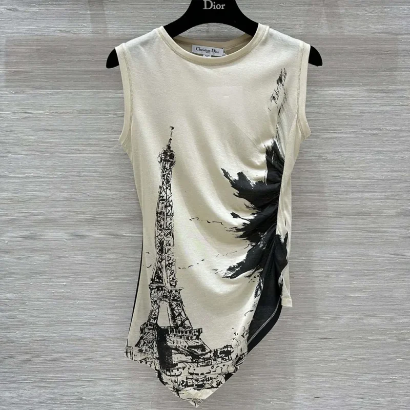 Dior Women Asymmetric Tank Top Black and White Cotton Jersey with Paris Motif