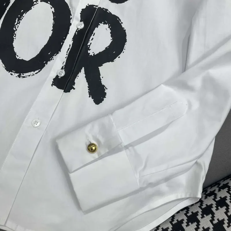 Dior Women Blouse White Cotton and Silk Poplin with Black Miss Dior Graffiti Motif