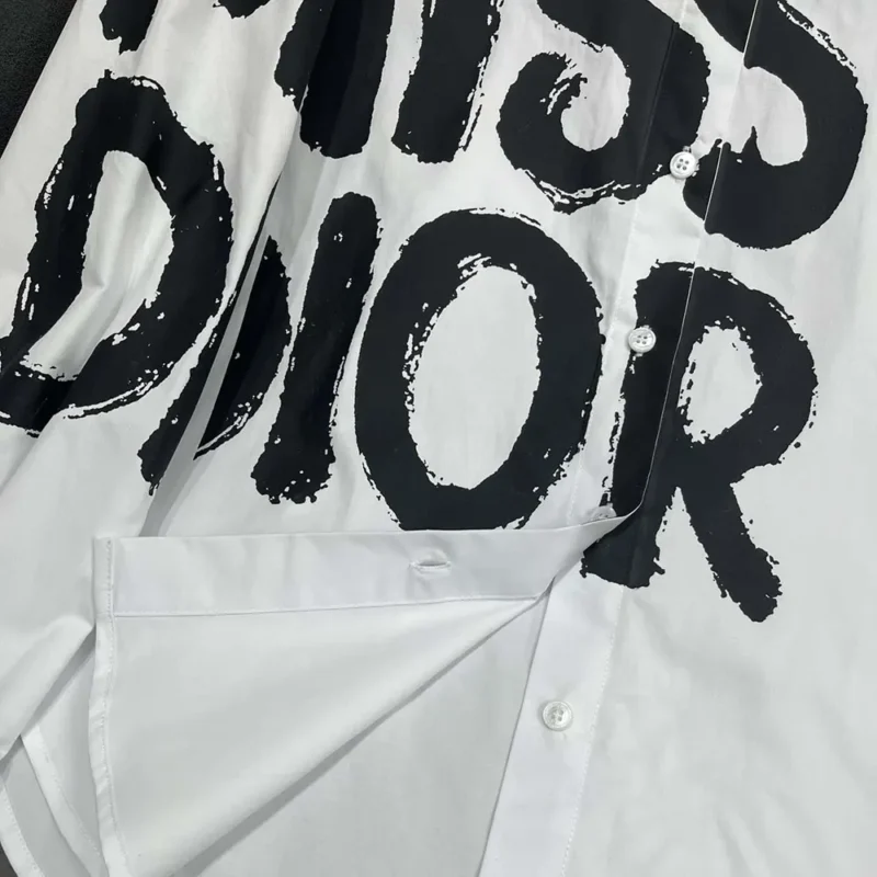 Dior Women Blouse White Cotton and Silk Poplin with Black Miss Dior Graffiti Motif