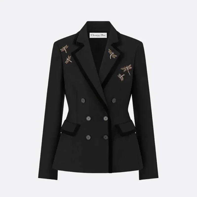 Dior Women Embroidered Marlène Jacket Black Wool and Mohair with Dragonfly Motif