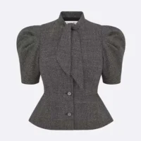 Dior Women Fitted Jacket with Tied Neckline Gray Virgin Wool Tweed (1)