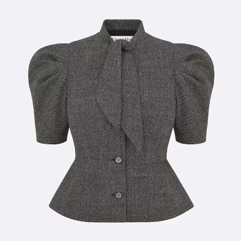 Dior Women Fitted Jacket with Tied Neckline Gray Virgin Wool Tweed