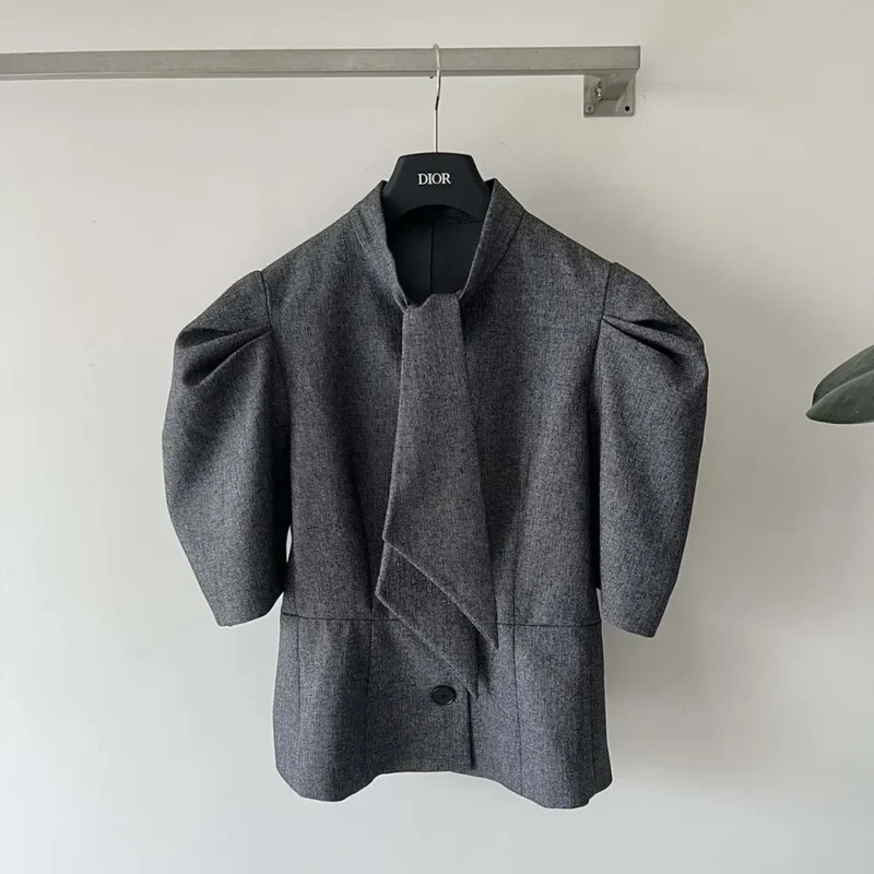 Dior Women Fitted Jacket with Tied Neckline Gray Virgin Wool Tweed