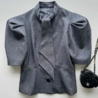 Dior Women Fitted Jacket with Tied Neckline Gray Virgin Wool Tweed (1)