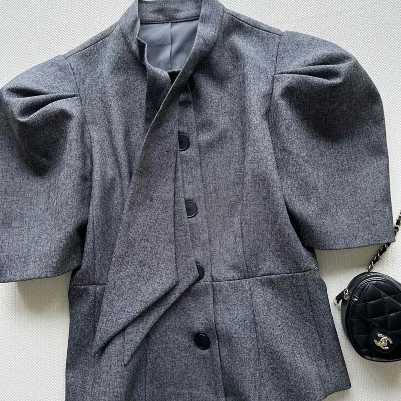 Dior Women Fitted Jacket with Tied Neckline Gray Virgin Wool Tweed