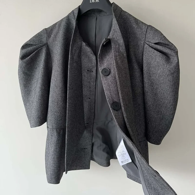 Dior Women Fitted Jacket with Tied Neckline Gray Virgin Wool Tweed