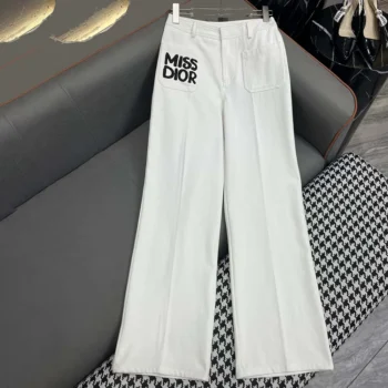 Dior Women Flared Pants White Cotton Denim with Blue Miss Dior Graffiti Motif