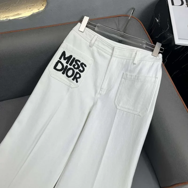 Dior Women Flared Pants White Cotton Denim with Blue Miss Dior Graffiti Motif