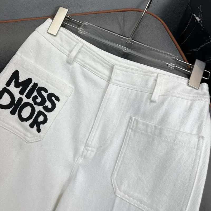 Dior Women Flared Pants White Cotton Denim with Blue Miss Dior Graffiti Motif