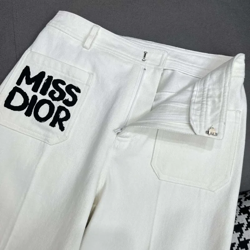 Dior Women Flared Pants White Cotton Denim with Blue Miss Dior Graffiti Motif