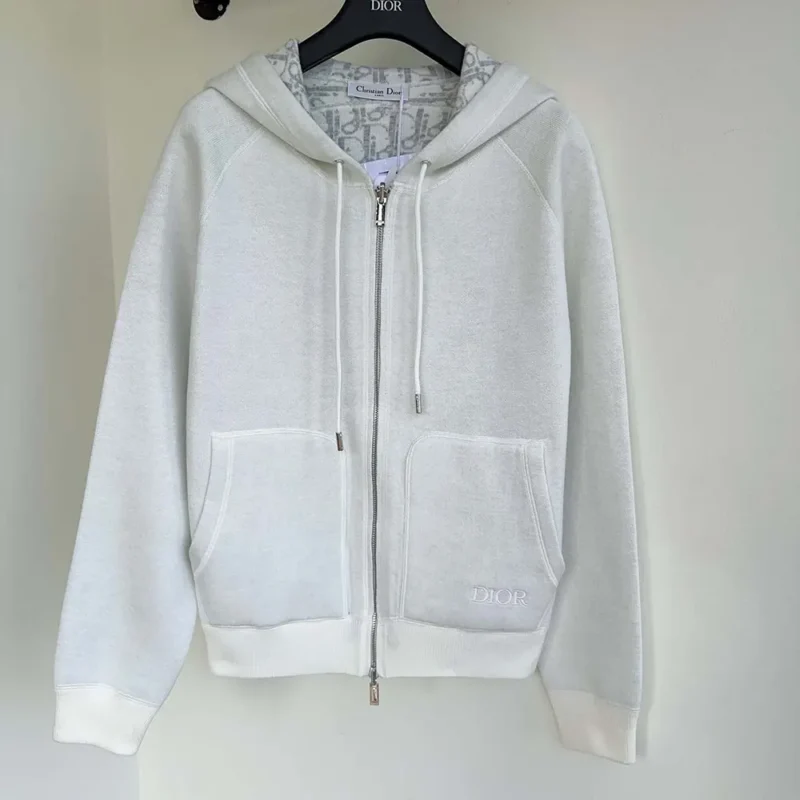 Dior Women Hooded Track Jacket White Cotton Knit and Cashmere