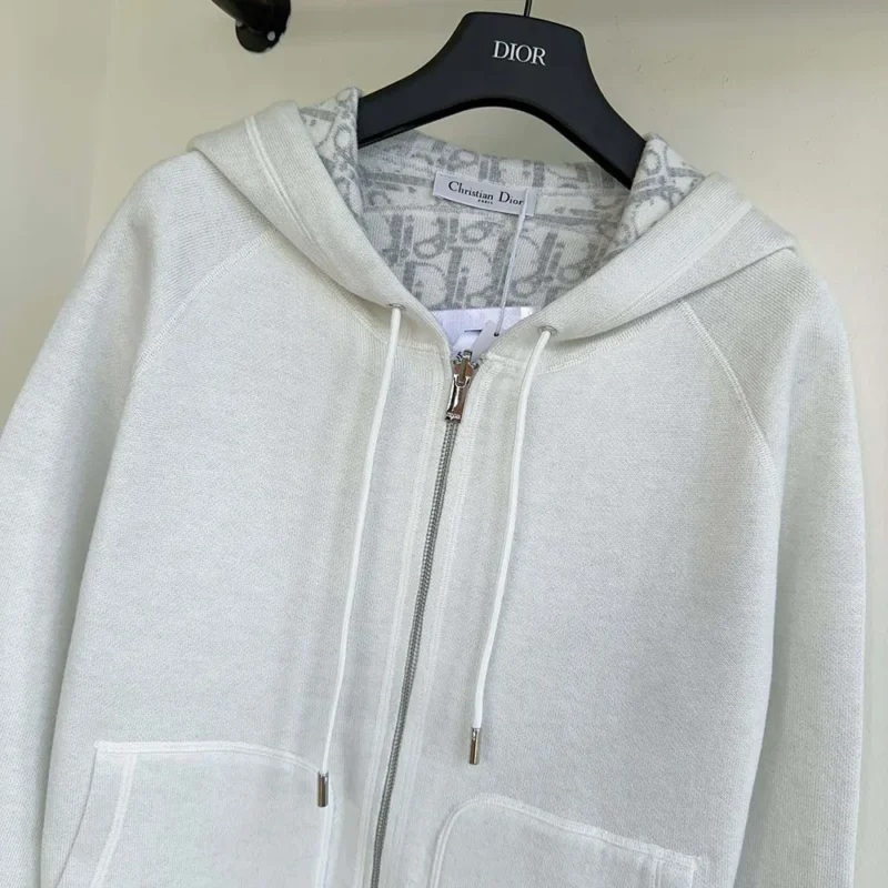 Dior Women Hooded Track Jacket White Cotton Knit and Cashmere