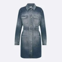 Dior Women Long Belted Jacket Blue Stonewashed Cotton Denim with Dior Oblique Interior (1)