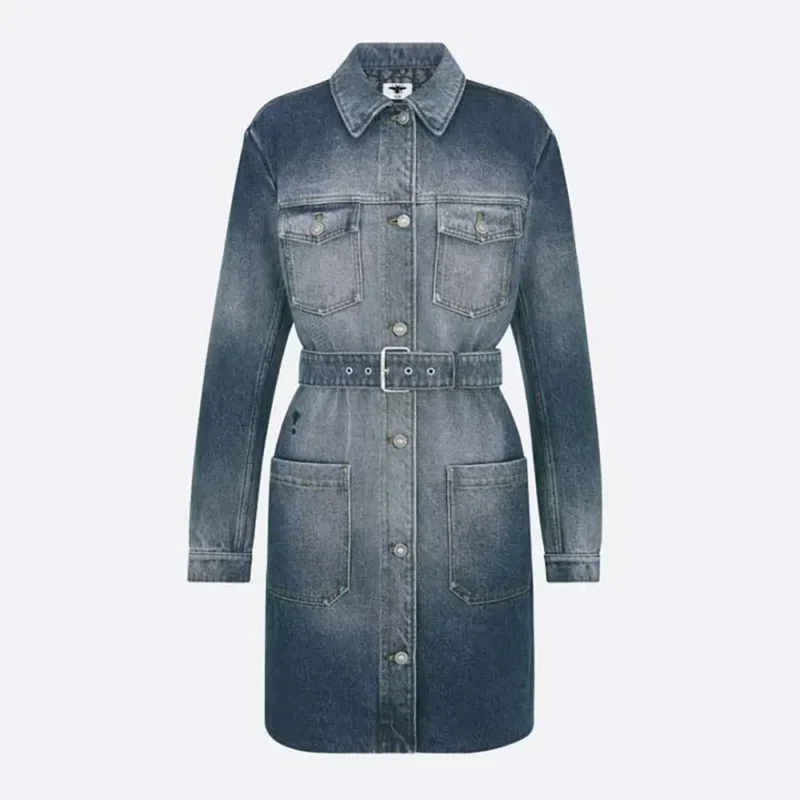 Dior Women Long Belted Jacket Blue Stonewashed Cotton Denim with Dior Oblique Interior