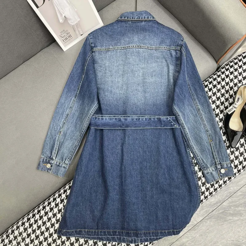 Dior Women Long Belted Jacket Blue Stonewashed Cotton Denim with Dior Oblique Interior