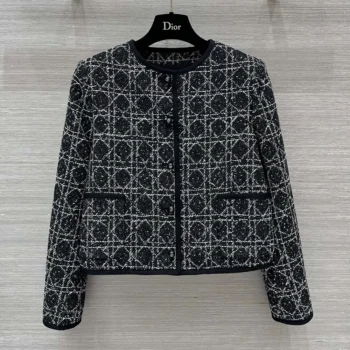 Dior Women Macrocannage Cropped Jacket Black and White Technical Cotton Tweed