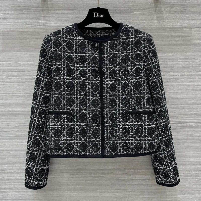 Dior Women Macrocannage Cropped Jacket Black and White Technical Cotton Tweed